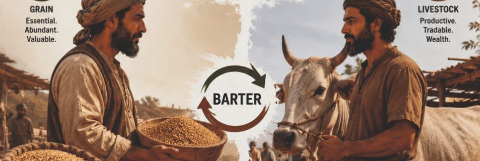 Infographic about the history of barter showing two traditional traders exchanging grain and livestock, with text explaining grain and livestock as early forms of commodity money. The graphic highlights mutual need, mutual benefit, community building, and the foundation of trade.
