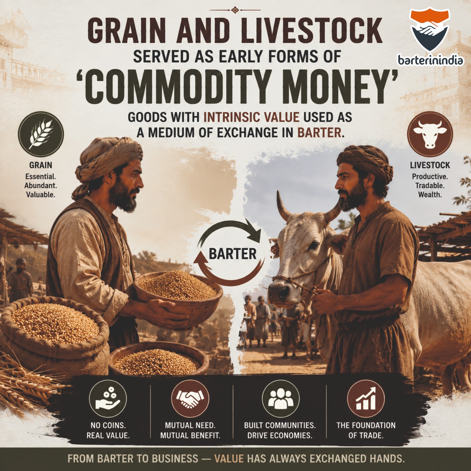 Infographic about the history of barter showing two traditional traders exchanging grain and livestock, with text explaining grain and livestock as early forms of commodity money. The graphic highlights mutual need, mutual benefit, community building, and the foundation of trade.