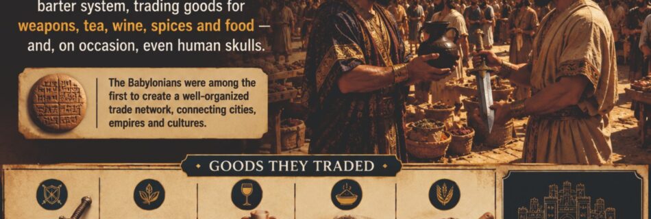 Ancient Babylonian barter system showing traders exchanging weapons, tea, wine, spices, and food in a historic Babylonian marketplace, with the Ishtar Gate and ancient architecture in the background.