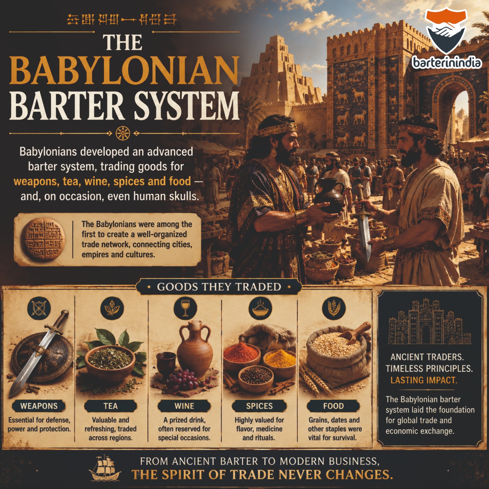 Ancient Babylonian barter system showing traders exchanging weapons, tea, wine, spices, and food in a historic Babylonian marketplace, with the Ishtar Gate and ancient architecture in the background.