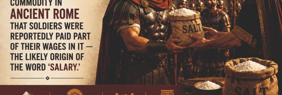 Ancient Roman soldier exchanging a sack of salt, highlighting salt as a valuable commodity and the historical origin of the word “salary,” with B2B barter and business exchange concepts.