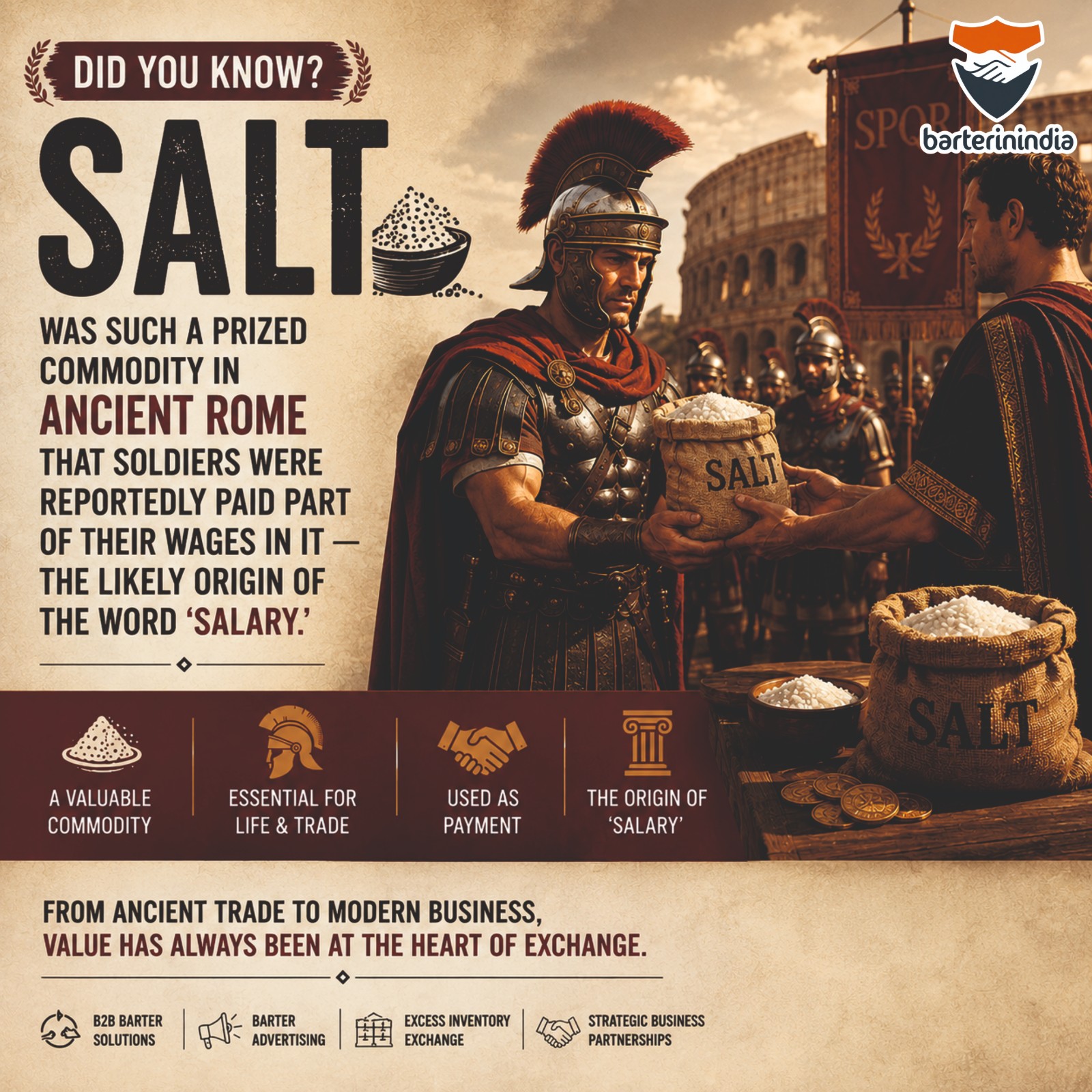 Ancient Roman soldier exchanging a sack of salt, highlighting salt as a valuable commodity and the historical origin of the word “salary,” with B2B barter and business exchange concepts.