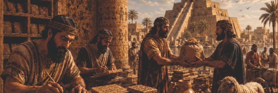 Ancient Mesopotamia barter exchange scene with merchants trading goods, clay tablets, livestock, and recording transactions near a historic temple.