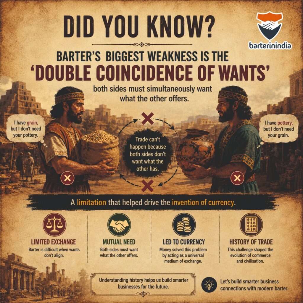 Ancient barter system illustrating the double coincidence of wants, where two traders exchange grain for pottery in an ancient marketplace. The infographic explains how the limitation of barter led to the invention of currency and highlights mutual need, limited exchange, and the evolution of trade, connecting ancient trading practices with modern business barter.