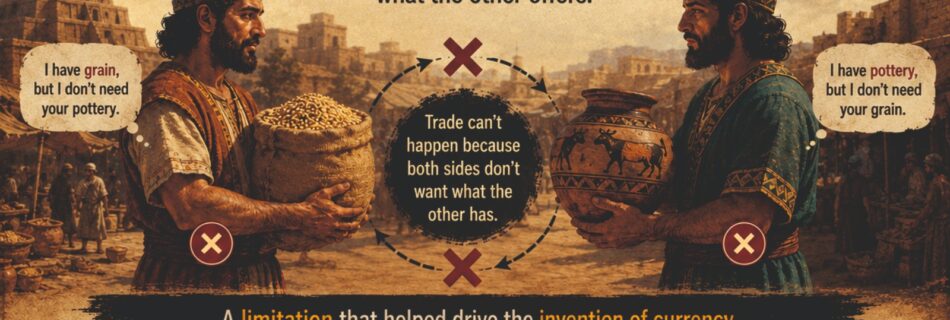 Ancient barter system illustrating the double coincidence of wants, where two traders exchange grain for pottery in an ancient marketplace. The infographic explains how the limitation of barter led to the invention of currency and highlights mutual need, limited exchange, and the evolution of trade, connecting ancient trading practices with modern business barter.