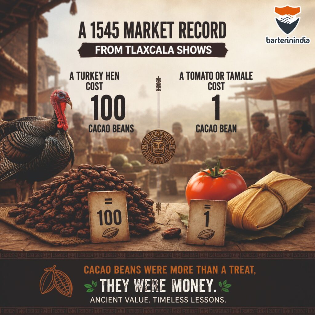 A 1545 Tlaxcala market record showing a turkey hen valued at 100 cacao beans and a tomato or tamale worth one cacao bean, illustrating how cacao beans served as currency in ancient trade.